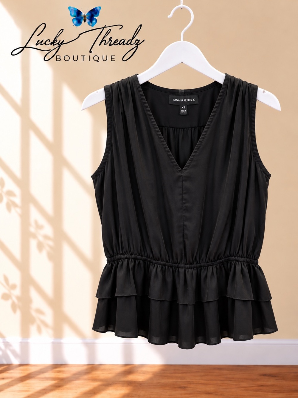 Banana Republic Black Sleeveless V Neck Ruffle Peplum Blouse Top XS